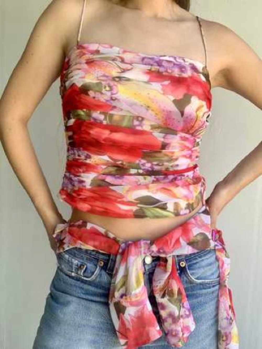 Escada vintage Red Pink Floral Ruched Camisole
